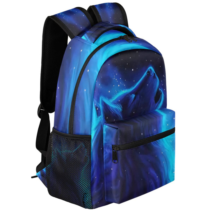 Pardick Wolf Backpacks for Boys Girls, Blue Galaxy Cool Wolf Lightweight School Backpack Laptop College Bookbag, Travel Casual Daypack, Hiking Campin