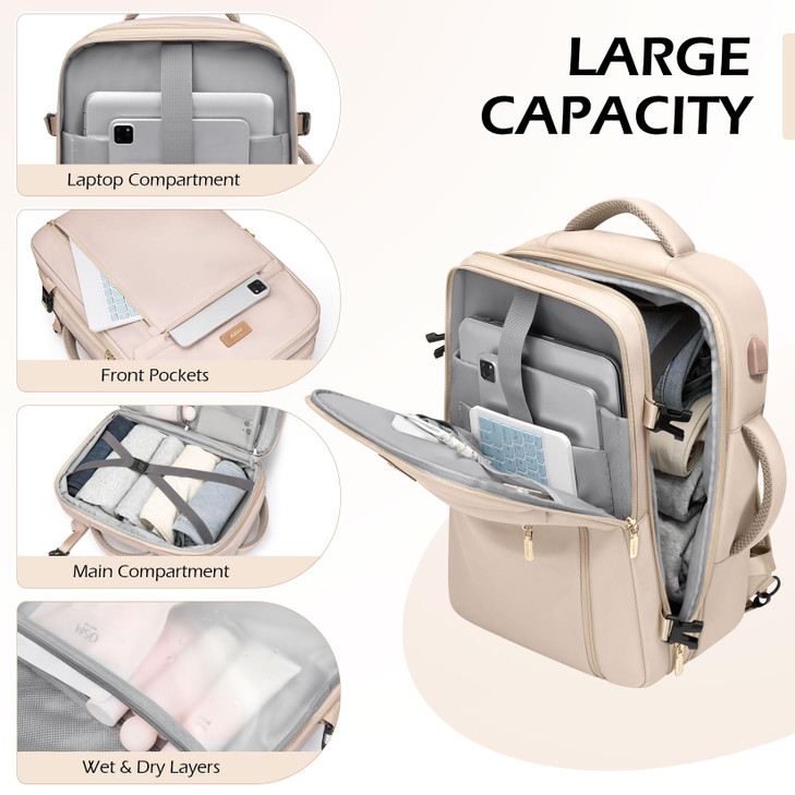 VNINE Travel Backpack for Women?40L Carry on Backpack for Airplanes?Personal Item Travel Bag fits 17" Laptop, Waterproof Carry on Bag with 3 Packing