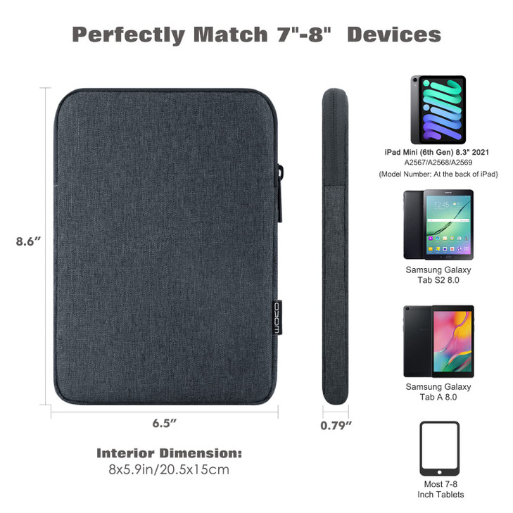 MoKo 7-8 Inch Tablet Sleeve Bag, Polyester Pouch Cover Case Fits iPad mini (A17 Pro) 8.3" 2024, iPad mini 6/5/4/3/2/1, Samsung Galaxy Tab S2 8.0, Tab