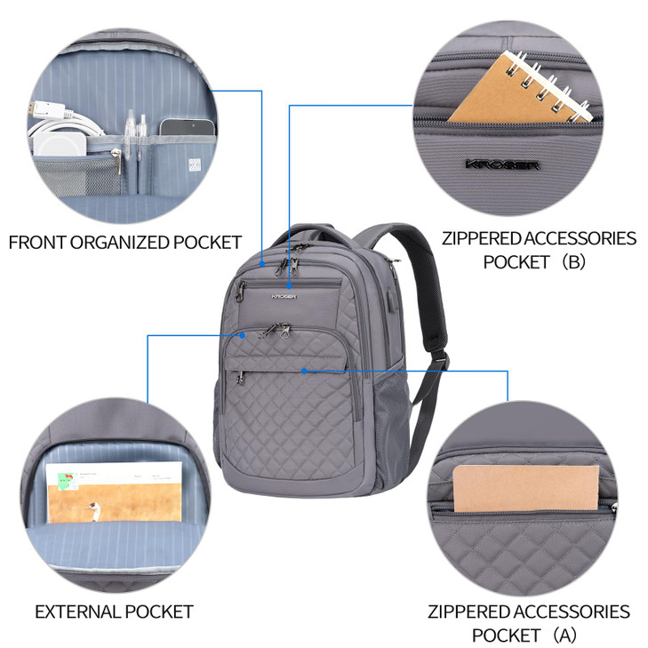 KROSER Travel Laptop Backpack 17 Inch Large Computer Backpack Water-Repellent Daypack with USB Charging Port & Headphone Interface RFID Pockets for W