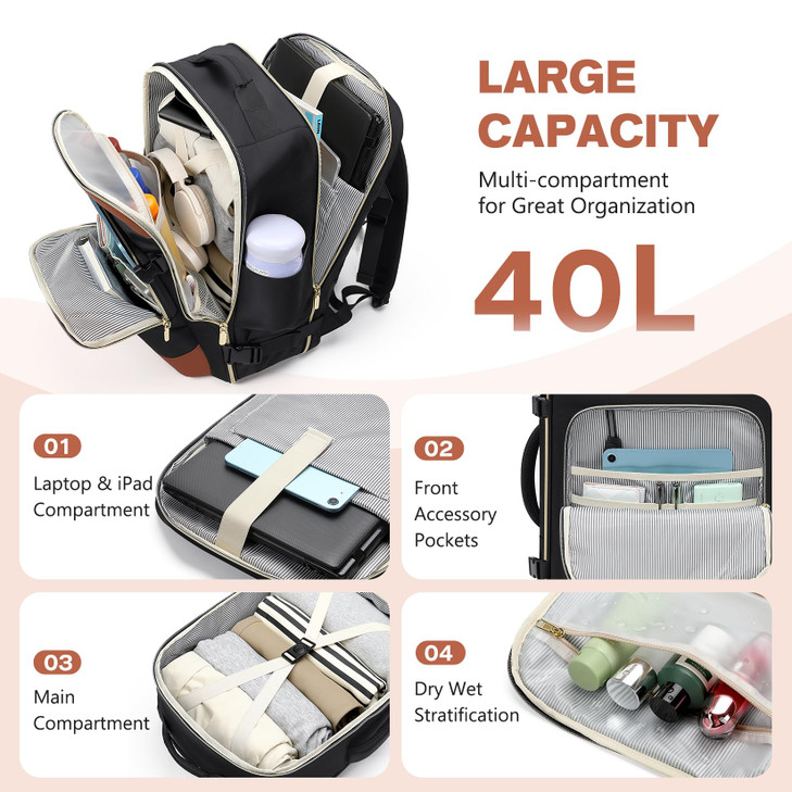 VNINE Travel Backpack for Women Men: 40L Large Carry on Backpack 17 Inch Laptop Backpack Flight Approved Business Work Bag Water Resistant Luggage Da