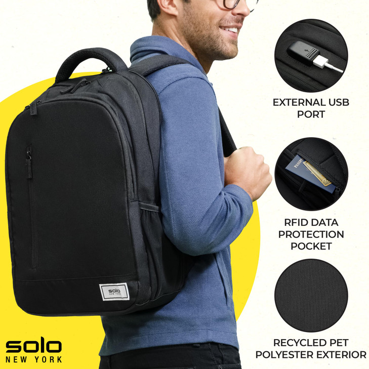 Solo New York Laptop Backpack for Women & Men -Carry On Bookbag for Travel & Work, Lightweight Bag, Side Mesh Pockets, Fits 15.6" Computer - Re:Defin