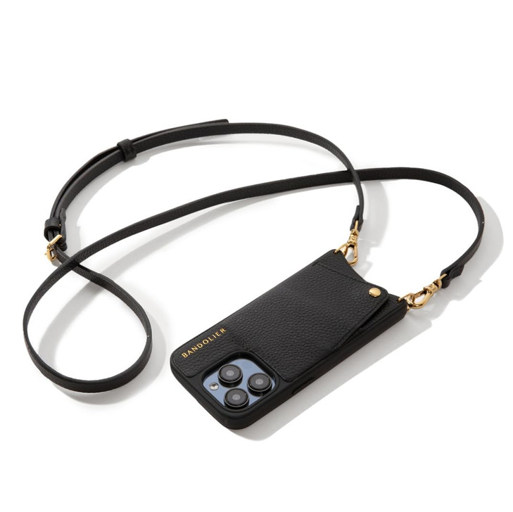 Bandolier Emma Crossbody Wallet Phone Case for iPhone 16 Pro Max. 100% Genuine Pebble Leather. Adjustable & Removable Crossbody Strap. Card Holder wi