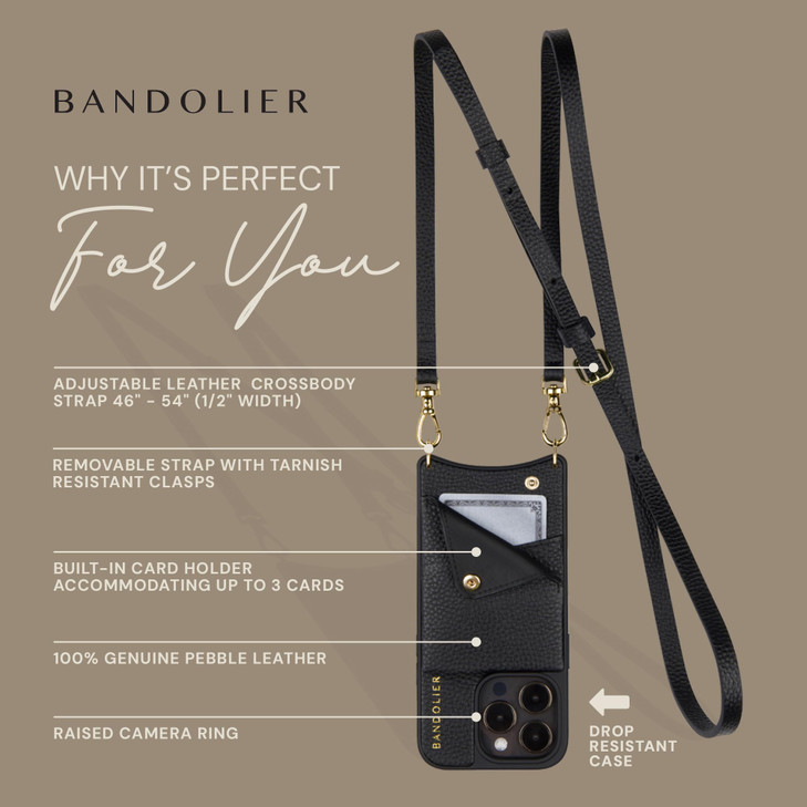Bandolier Emma Crossbody Wallet Phone Case for iPhone 16 Pro Max. 100% Genuine Pebble Leather. Adjustable & Removable Crossbody Strap. Card Holder wi