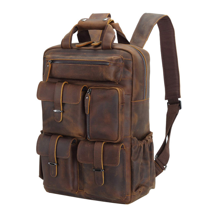 Polare Cowhide Leather Multiple Laptop Backpack Day Pack Travel Bag Satchel For Men