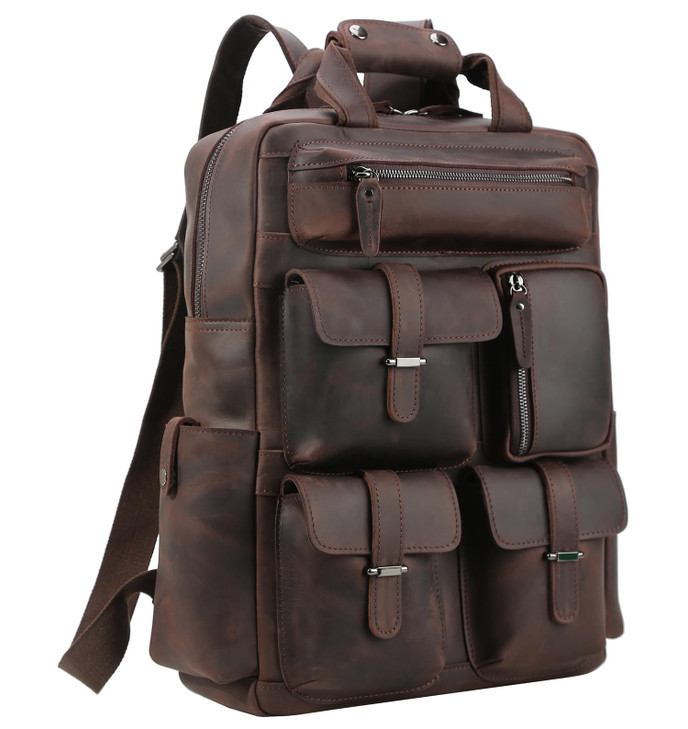 Polare Cowhide Leather Multiple Laptop Backpack Day pack Travel Bag Satchel with YKK Metal Zippers