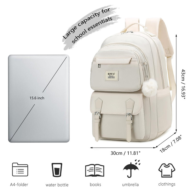 RJEU Girls School Backpack,Aesthetic Bookbag with 15.6in Laptop Compartment for High School College Students,Cute Kids Schoolbag,Beige