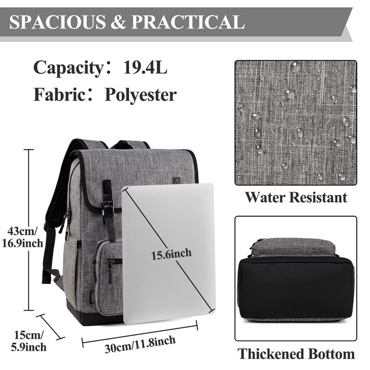 VASCHY Laptop Backpack, Water Resistant Multifunctional Business College Bookbag Computer Travel Backpack for Men Women Fits 15.6in Laptop,Gray