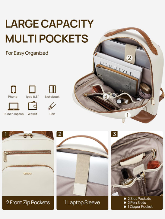 Telena Leather Laptop Backpack Women Men 15 inch Computer Bag Vintage Work Business for Teacher Nurse Beige Brown