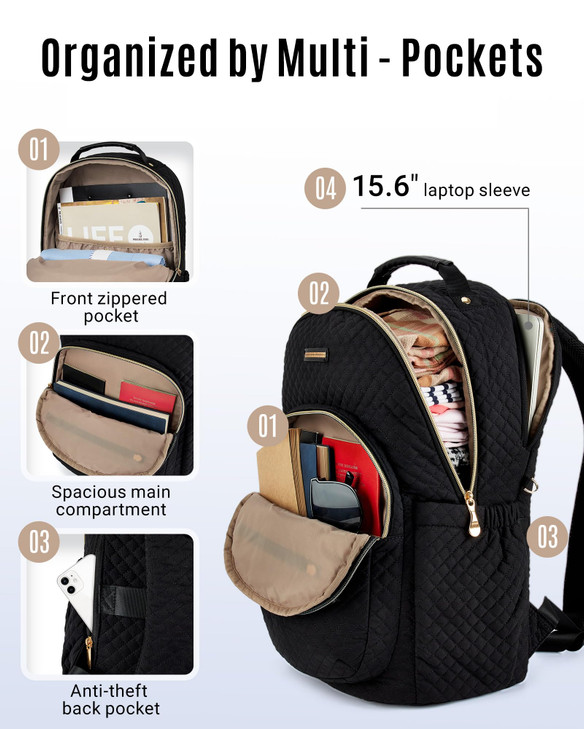 LIGHT FLIGHT Travel Laptop Backpack for Women, 15.6 Inch Laptop Backpack with USB Charging Hole Water Resistant Computer Backpack for Work, Quilted B