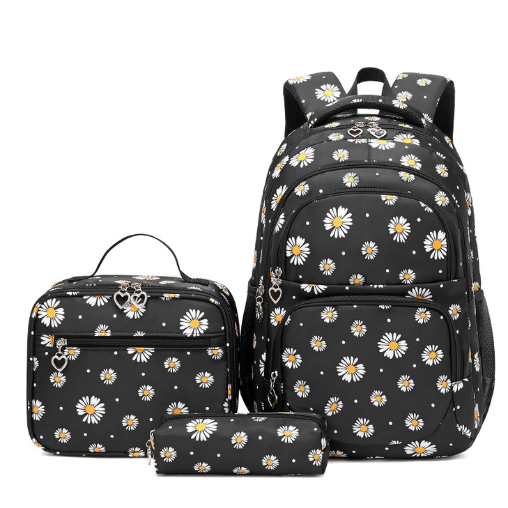 goldwheat Daisy Printed Backpacks With Lunch Pack Pencil Case 3pcs, Lightweight Water Resistant Bookbag For Middle School
