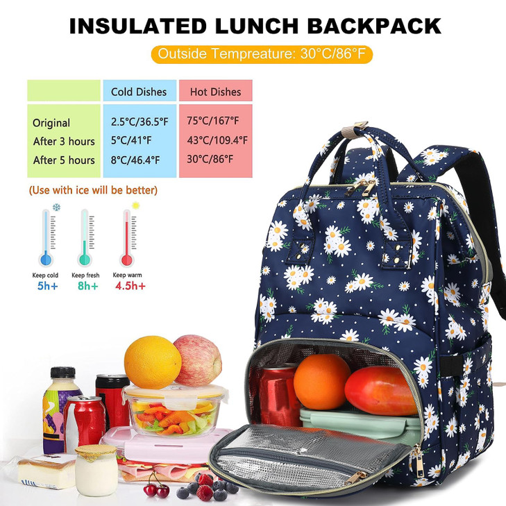 Dezcrab Daisy Lunch Backpack for Women Girls, Insulated Cooler Backpack Laptop Backpack School Backpack Bookbag Nurse Work Backpacks