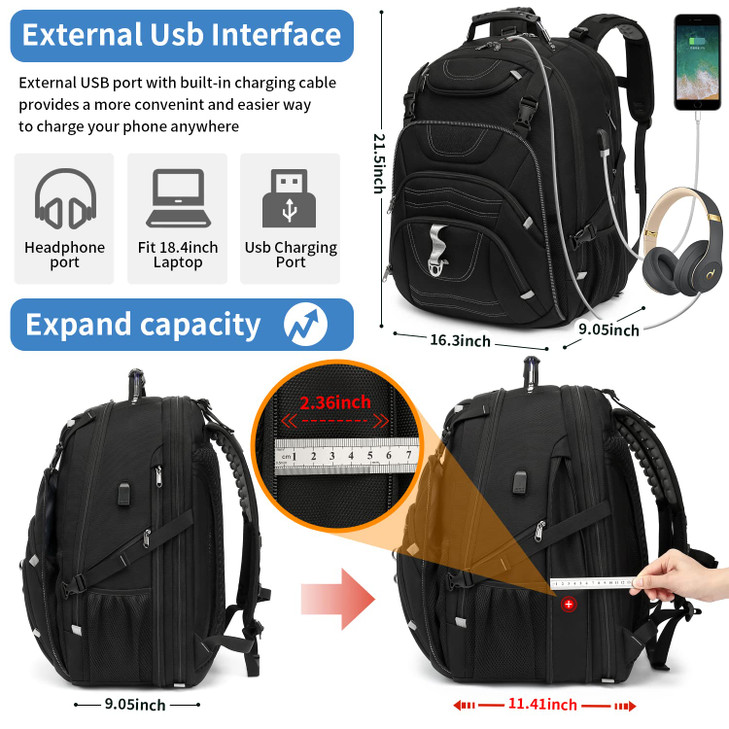 Boniyee Travel Backpack 17.3 Inch, Business Anti-Theft Laptop Bag with USB Charging Port, Waterproof