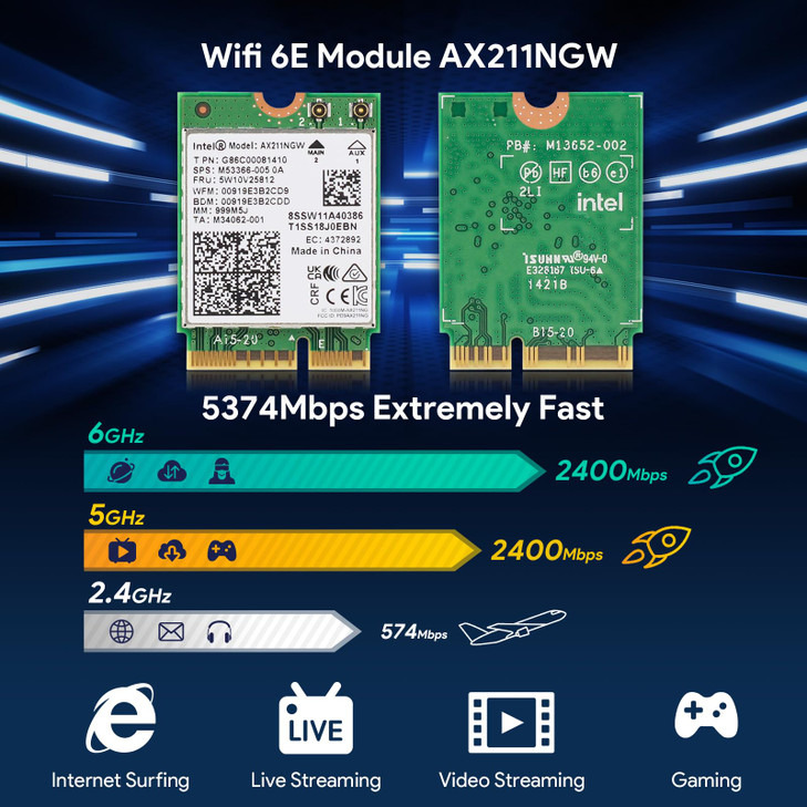 Intel AX211NGW Wi-Fi 6 Wireless Card M.2: CNVio2, Bluetooth 5.3, Tri Band 2.4/5/6 GHz Network Adapter for Laptop Support Windows 10/11 (64bit) Linux
