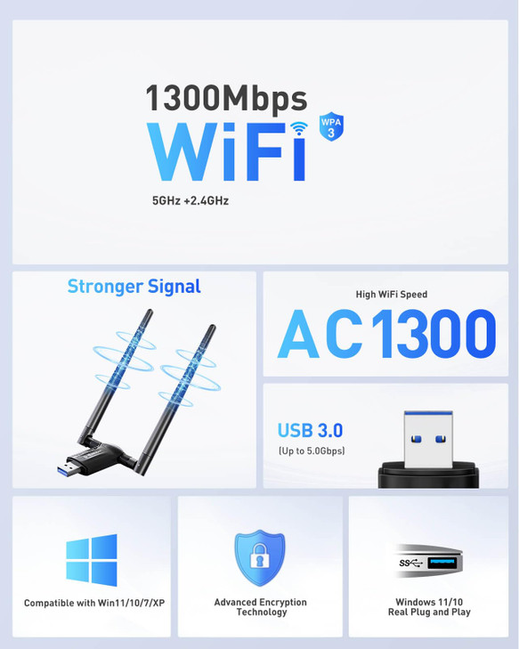 USB WiFi Adapter for Desktop PC - 1300Mbps Wi-Fi 5G 2.4G USB 3.0 Wireless Adapter with WiFi Antenna for Win11/10/7 WiFi Dongle for Desktop PC Laptop