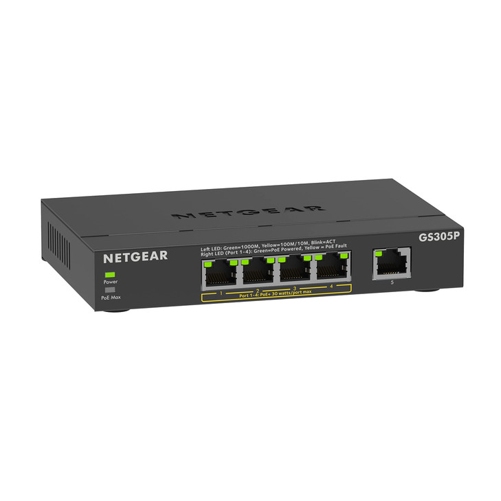 NETGEAR 5-Port PoE Gigabit Ethernet Unmanaged Essentials Switch (GS305P) - with 4 x PoE+ @ 63W, Desktop or Wall Mount
