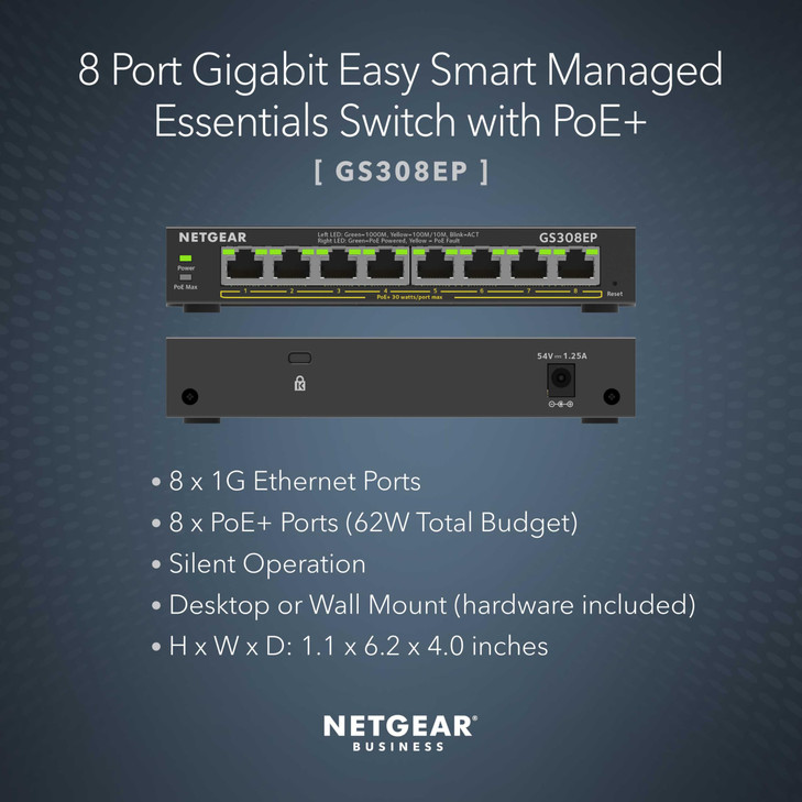 NETGEAR 8 Port PoE Gigabit Ethernet Easy Smart Managed Essentials Switch (GS308EP) - with 8 x PoE+ @ 62W, Desktop or Wall Mount