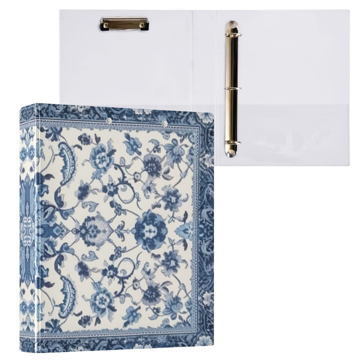 Nesatuwa 3 Ring Binder,Blue Floral Vintage 1.5 Inch Binder with Round Rings with Clear Pockets and Non-Slip Metal Clip, Holds 200 Sheets for Office a
