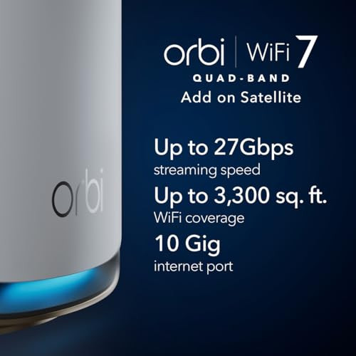 NETGEAR Orbi 970 Series (RBE970) Quad-Band WiFi 7 Mesh Add-on Satellite - Works with Existing 970 S (973/972/971S), Security Features, Covers up to 3