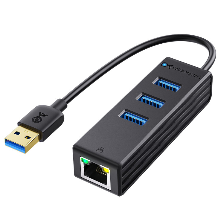 Cable Matters 4-in-1 USB Hub with Ethernet, Support Gigabit Network (USB 3.0 Hub Ethernet) with 10/100/1000Mbps Network, 3X 5Gbps USBA Ports in Black