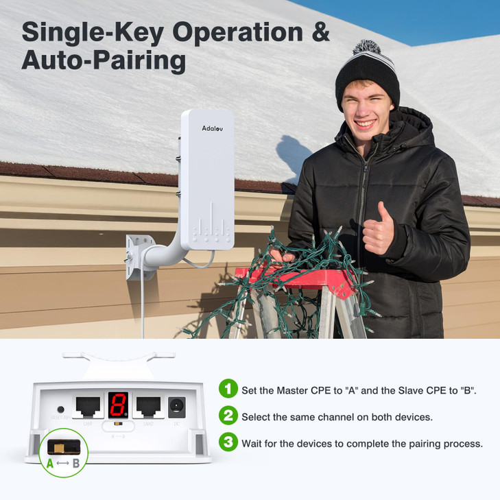 Adalov Wireless Bridge, 3KM 5.8G Point to Point Outdoor CPE, Long Range WiFi Bridges for PtP/PtMP with 14DBi High Gain Antenna for Network Sharing,Ne