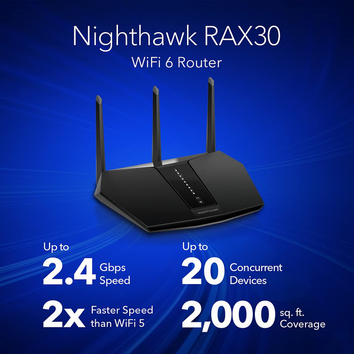 NETGEAR Nighthawk WiFi 6 Router (RAX30) 5-Stream Dual-Band Gigabit Router, AX2400 Wireless Speed (Up to 2.4 Gbps), Coverage Up to 2,000 sq.ft. and 20