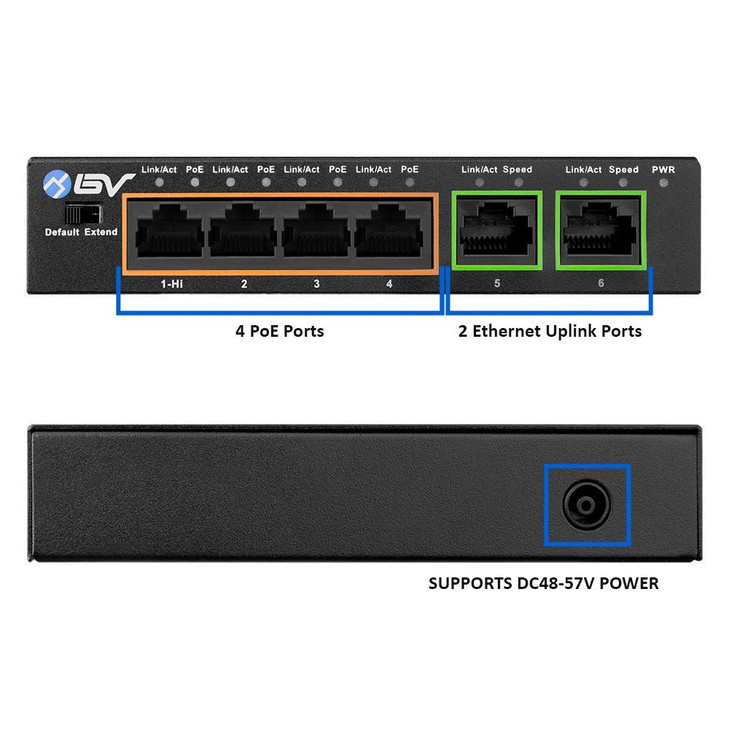 BV-Tech 6 Port PoE+ Switch (4 PoE+ Ports with 2 Ethernet Uplink and Extend Function)  60W  802.3at + 1 High Power PoE Port| Desktop Fanless Design