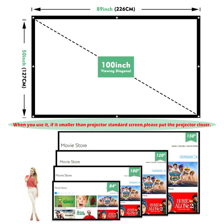 Projector Screen 100 inch, Taotique 4K Movie Projector Screen 16:9 HD Foldable and Portable Anti-Crease Indoor Outdoor Projection Double Sided Video