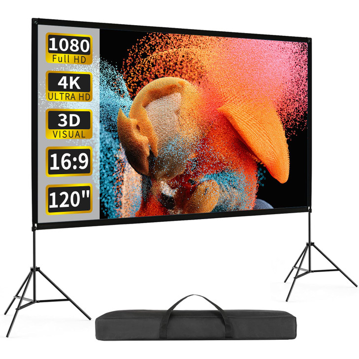 Projector Screen with Stand 120 Inch, 16:9 4K HD Portable Projector Screen Indoor Outdoor, Foldable Wrinkle-Free Movie Screen 160° Front Rear Project