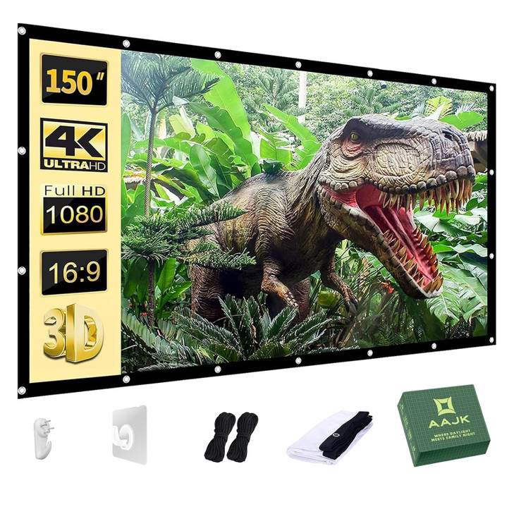 AAJK Projector Screen 150 inch, Washable Projector Screen 16:9 Foldable Anti-Crease Portable Projector Movies Screen for Home Theater Outdoor Indoor