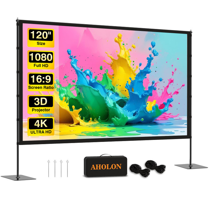 AHOLON Outdoor Projector Screen with Stand - 120 inch Portable Projector Screens Indoor Outdoor Projector Screen 16:9 4K HD Outdoor Movie Screen with