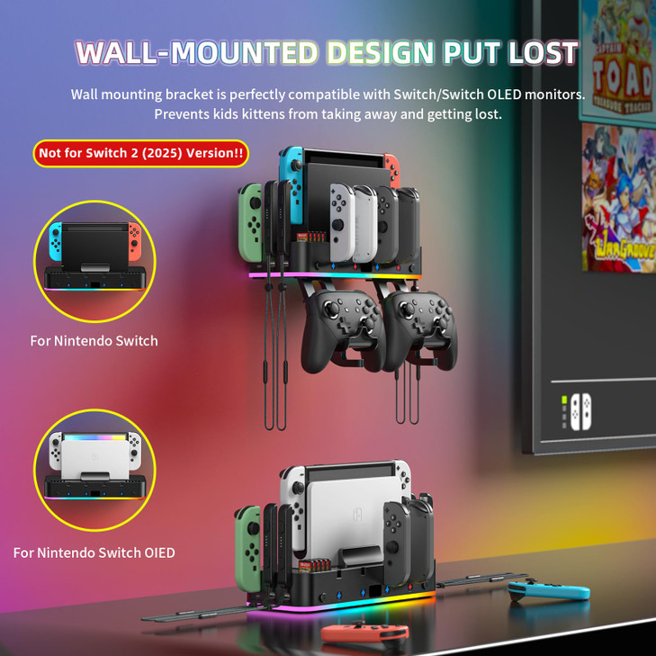 RGB Switch Wall Mount for Joy-Con Charger, Switch Holder for Nintendo Switch 1/ OLED with Switch Organizer, Switch Accessories with 15 Light Mode, 4