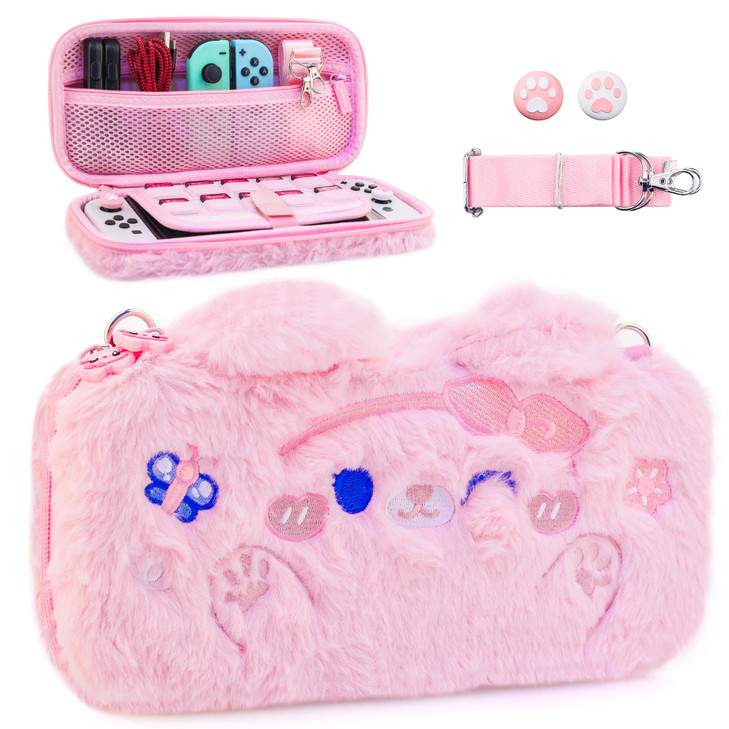 HYPERCASE Pink Plush Cat Switch Carry Case Girly Pouch for Nintendo Switch/ Switch OLED Console & Accessories Storage, Portable NS/OLED Switch Travel
