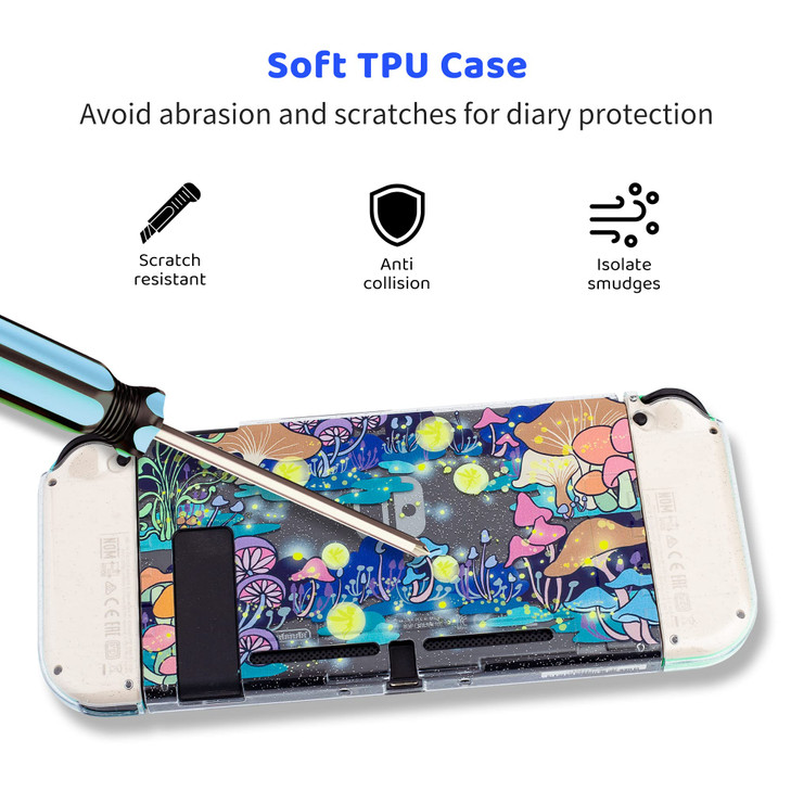 RHOTALL Cute Mushroom Clear Hard Case Compatible with Nintendo Switch, Glitter Protective Cover Accessories for Switch Console and Controller with An