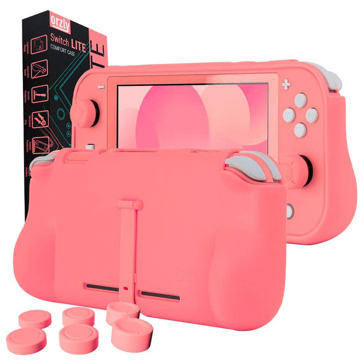 Orzly Grip Case Compatible for use with Nintendo Switch Lite  Case with Comfort Padded Hand Grips, Kickstand, & Pack of Thumb Grips - Coral
