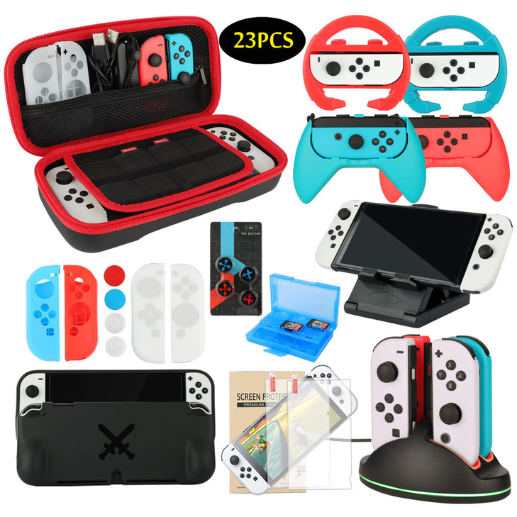 Accessories Bundle Pack for Nintendo Switch OLED Model(2021), Family Party Kit with Carrying Case, Joy Con Charging Dock, Grips, Covers, Steering Whe