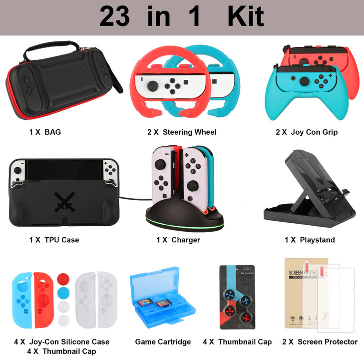 Accessories Bundle Pack for Nintendo Switch OLED Model(2021), Family Party Kit with Carrying Case, Joy Con Charging Dock, Grips, Covers, Steering Whe