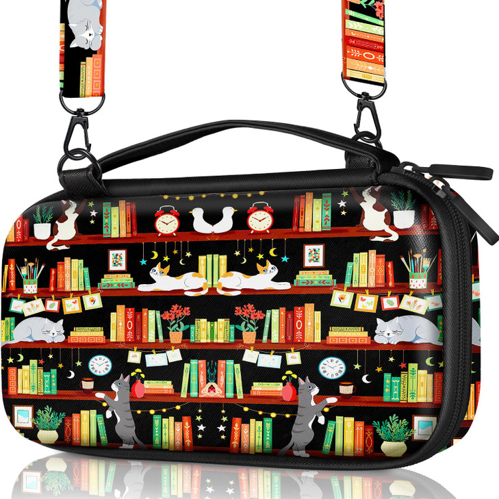 Gurgitat Carrying Case for Nintendo Switch Lite Travel Carry Cases Hard Shell Protective Cover Strap Bookshelf Cat Cute Girls Boys Accessories Storag