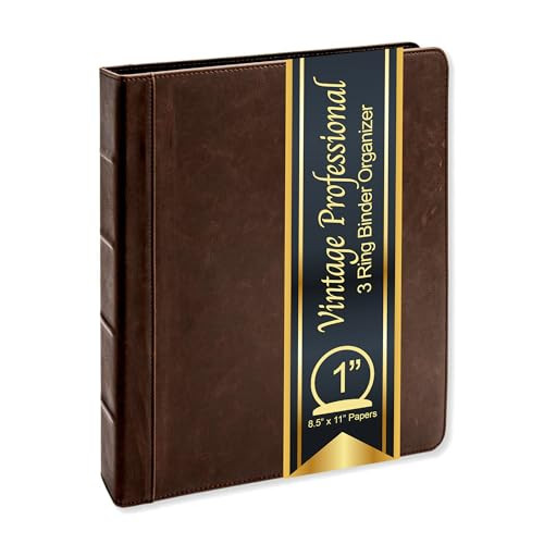 Vintage Professional 3 Ring Binder Organizer, 1-inch Round Rings, 8.5" x 11" Sheet Size, 2 Inner Pockets, 1.6" Spine, Appearance of Antique Brown Lea