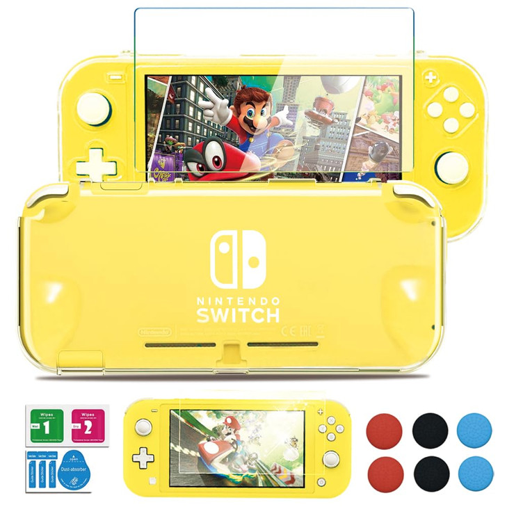 Switch Lite Case, Clear Protective Case Cover with HD Tempered Screen Protector and Thumb Grip Caps for Nintendo Switch Lite Case Hard Shell with Swi