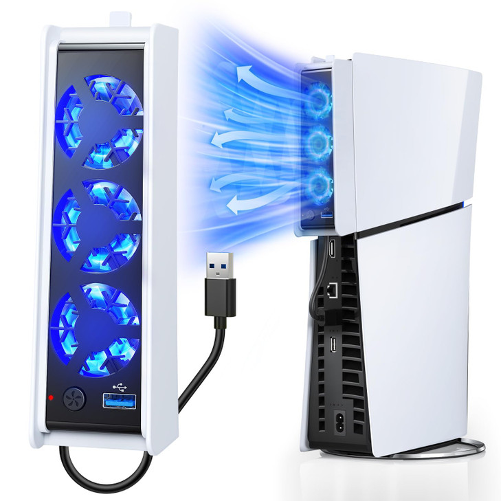 FASTSNAIL Cooling Fan for PS5 Slim Digital/Disc, Auto Speed Adjustable by Temperature Sensor, 2 Fan Speed Manual & USB 3.0 Hub & LED Light, Cooler Sy