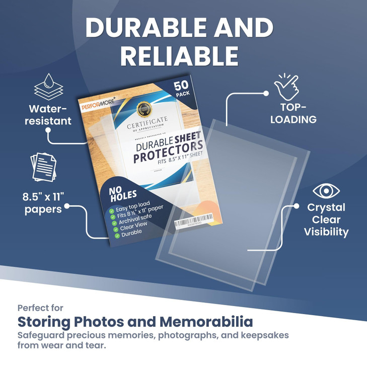 Performore 50 Clear No Hole Sheet Protectors, 8.5" x 11", Plastic Sheet Sleeves, Top Loading Paper Protector, Archival Safe for Documents and Photos