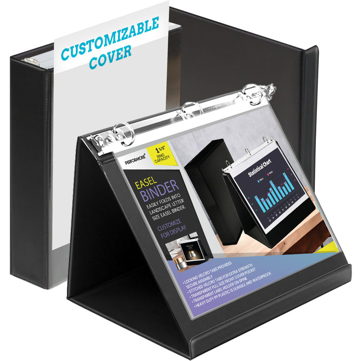 Performore Black Easel Binder - 1.5" Round Ring Flip Display Easel Folder - Presentation- Standing Clipboard for Desk - Flip Chart Easel - Foldable