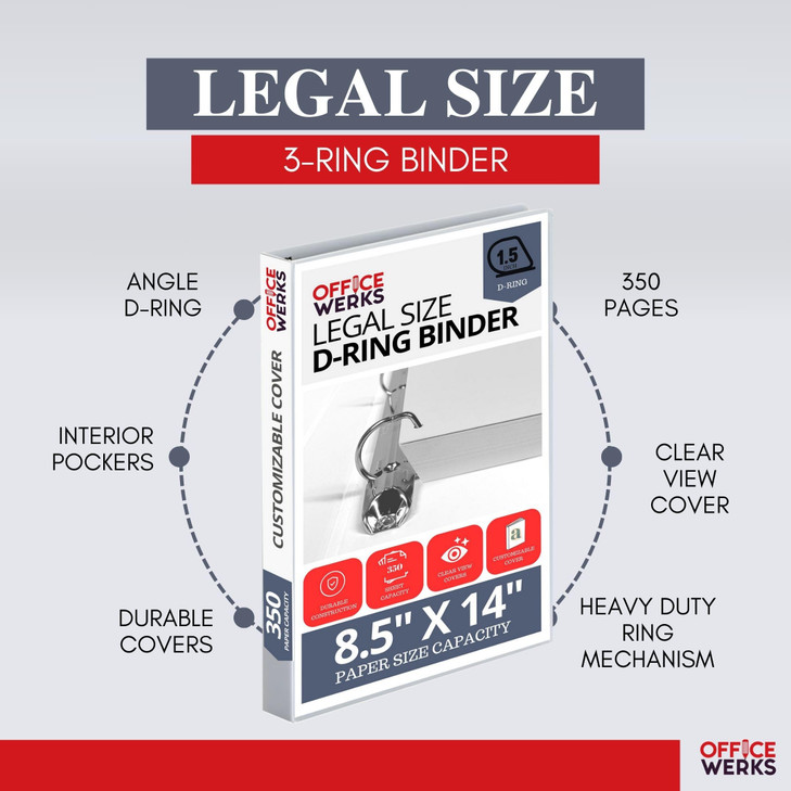 Performore - Office Werks Heavy Duty Legal Size View Binder - 14" x 8.5", White, 1.5 Inch D-Ring, Back Mount Binder