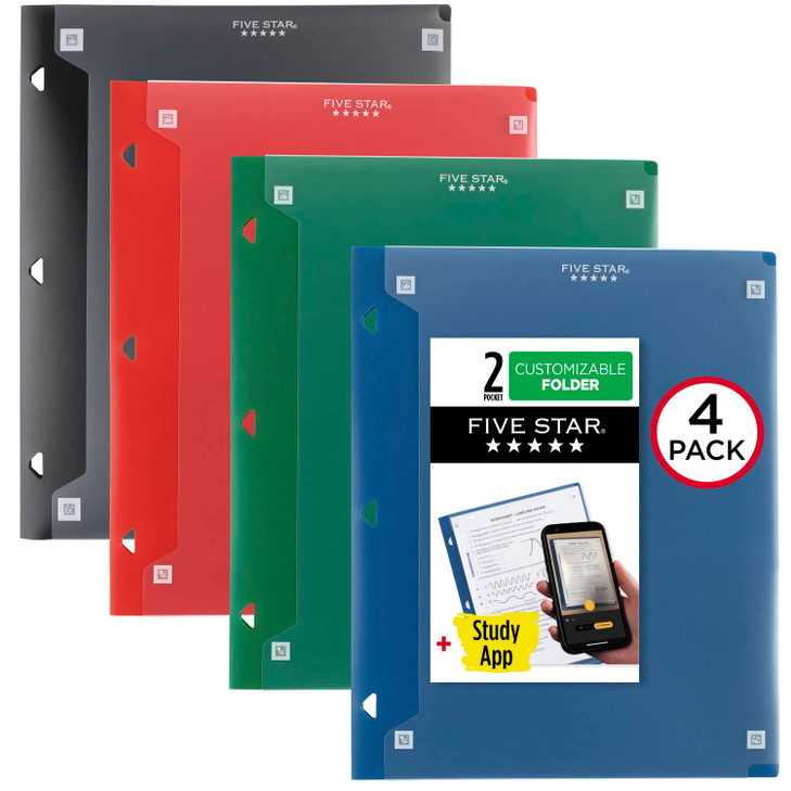 Five Star Pocket Folder + Study App, 4 Pack, 2 Pocket Folder, Customizable Cover, Fits 3 Ring Binder, Black, Pacific Blue, Fire Red, Forest Green (33