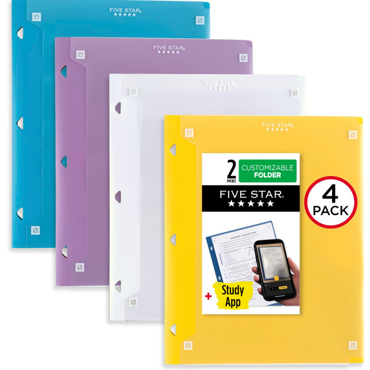 Five Star Pocket Folder + Study App, 4 Pack, 2 Pocket Folder, Customizable Cover, Fits 3 Ring Binder, White, Amethyst Purple, Harvest Yellow, Tidewat