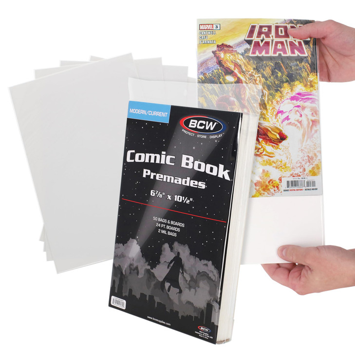 BCW Current Premade Comic Bags & Boards | Preloaded Sleeves & Backer Boards for Modern Comics (100 Pack, Non-Resealable)