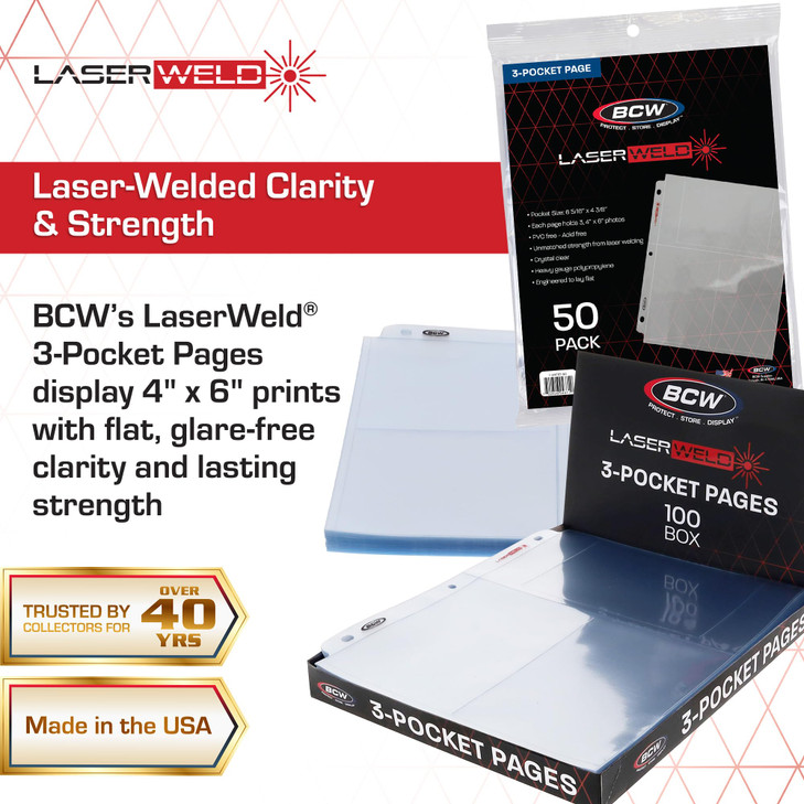 BCW Laserweld 3-Pocket 4x6 Photo Sleeves for 3 Ring Binder | Archival Photo Album Refill Pages | 100 Count