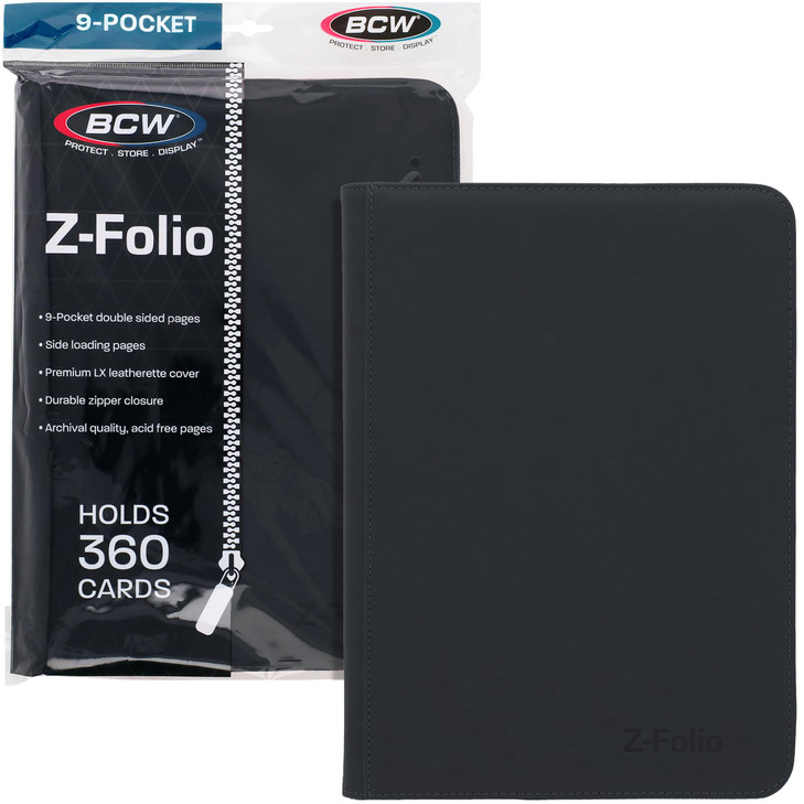 BCW Z-Folio 9-Pocket LX Album - Black | Secure Zipper Card Organizer | Premium Leatherette Card Collection Binder | Trading Card Binder for Pokemon,