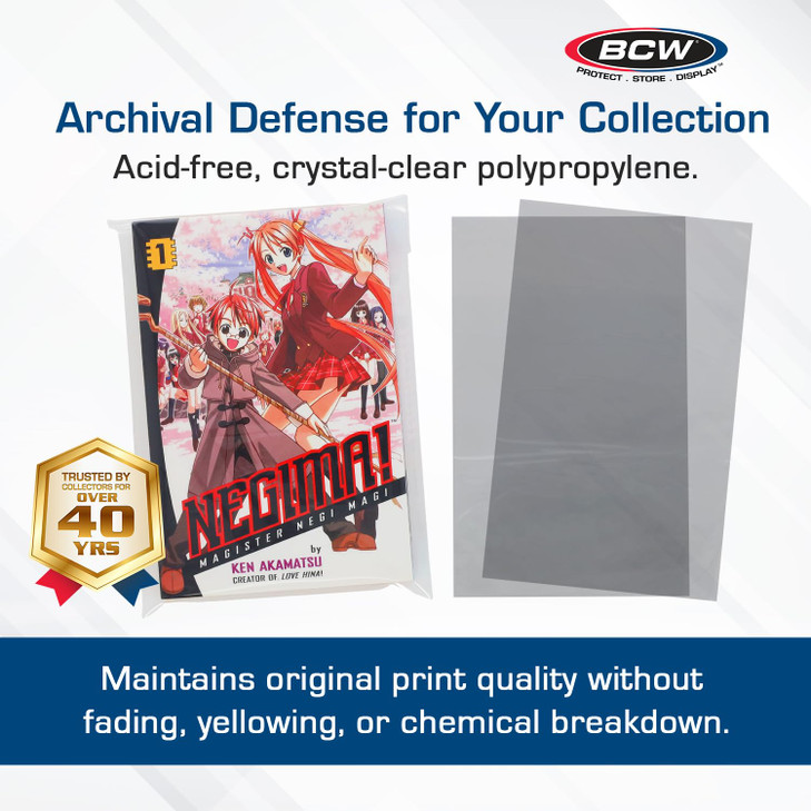 BCW Digest & Manga Polypropylene Bags  100 Pack | Clear Acid-Free Manga & Digest Book Protector Bags with Fold-Over Flap | Archival-Safe Storage for